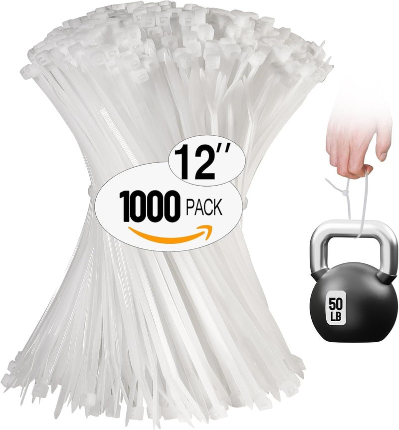 REZOSY White Zip Ties 12 Inch 1000 Pack, 50 lbs Heavy Duty Tensile Strength, UV Resistant Self-Locking Nylon Cable Ties for Bulk Indoor/Outdoor Use (Fence, Garage, Camping) - Image 1